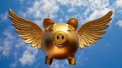 Golden piggy bank with wings attached, symbolizing financial freedom, isolated on a sky-blue background