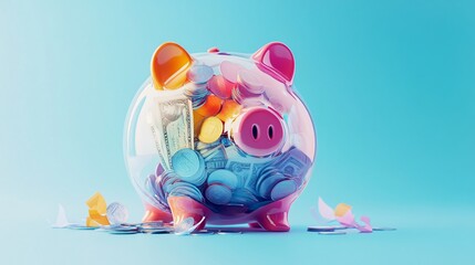 Poster - Translucent piggy bank filled with colorful coins and bills, isolated on a light blue background