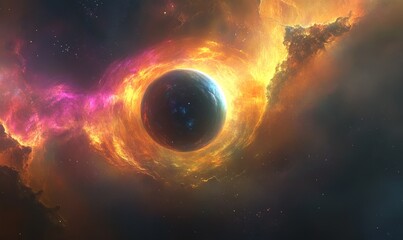 Wall Mural - a vibrant nebula with swirling colors and a large planet in the center