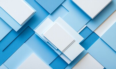 Abstract geometric composition featuring layered blue and white rectangular shapes with shadows creating a three-dimensional effect on a neutral background