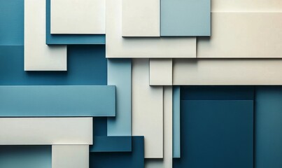 Abstract geometric composition featuring layered blue and white rectangular shapes with shadows creating a three-dimensional effect on a neutral background