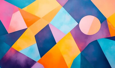 Wall Mural - Abstract geometric background with overlapping and interlocking shapes in vibrant colors including orange, blue, pink, and purple.