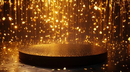 Poster - A dark circular platform is covered in glittering gold dust. In the background, golden confetti rains down on the platform, creating a shimmering, celebratory atmosphere.