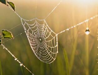 A spider web is covered in dew drops, creating a serene and peaceful atmosphere