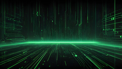 futuristic dark background with lines of glowing green digital code, reminiscent of computer hacking
