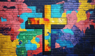 Canvas Print - Pop-art style cross on a vibrant, colorful brick wall background with abstract shapes