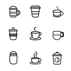 Wall Mural - Set of line art coffee cup icons featuring various styles of mugs and takeaway cups.