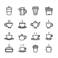 Wall Mural - A collection of minimalist black and white line icons representing various coffee and tea vessels, including cups, teapots, and coffee makers on a white background.