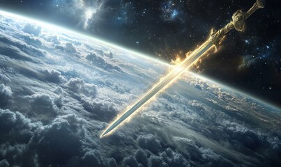Wall Mural - the sword of the spirit of god hovers over the earth. christian scene