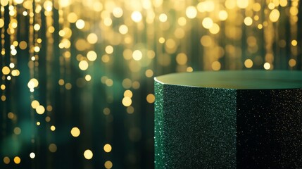 Leinwandbilder - A round green podium with a glitter texture is in the foreground. The background is blurry and features a curtain of light, with many golden bokeh dots scattered around.