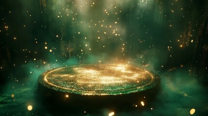 Fototapete - A glowing circular platform emits golden sparkles and light in a dimly lit enchanted forest. Mist and shimmering particles create a magical atmosphere, suggesting a hidden world filled with wonder.