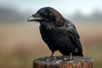 Crow perched on a wooden stump with blurred background