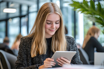 Wall Mural - a young female entrepreneur working on a tablet in a contemporary office.