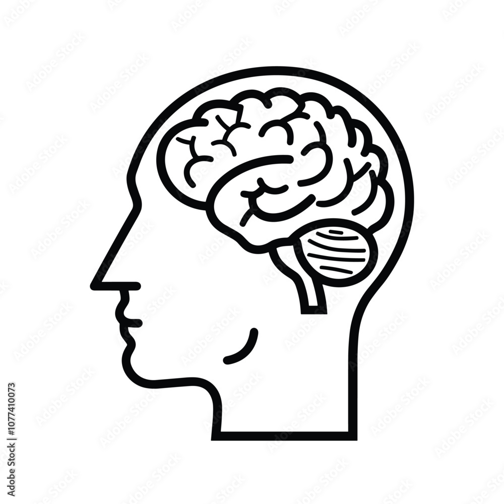 Simple black and white line drawing of a human head with a detailed ...