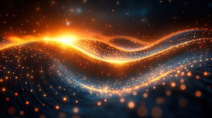 Wall Mural - abstract wave of shimmering particles with a golden glow on a dark background.