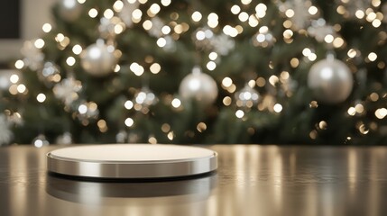 Poster - A round, silver pedestal sits on a wooden table in front of a blurred Christmas tree decorated with lights and ornaments.