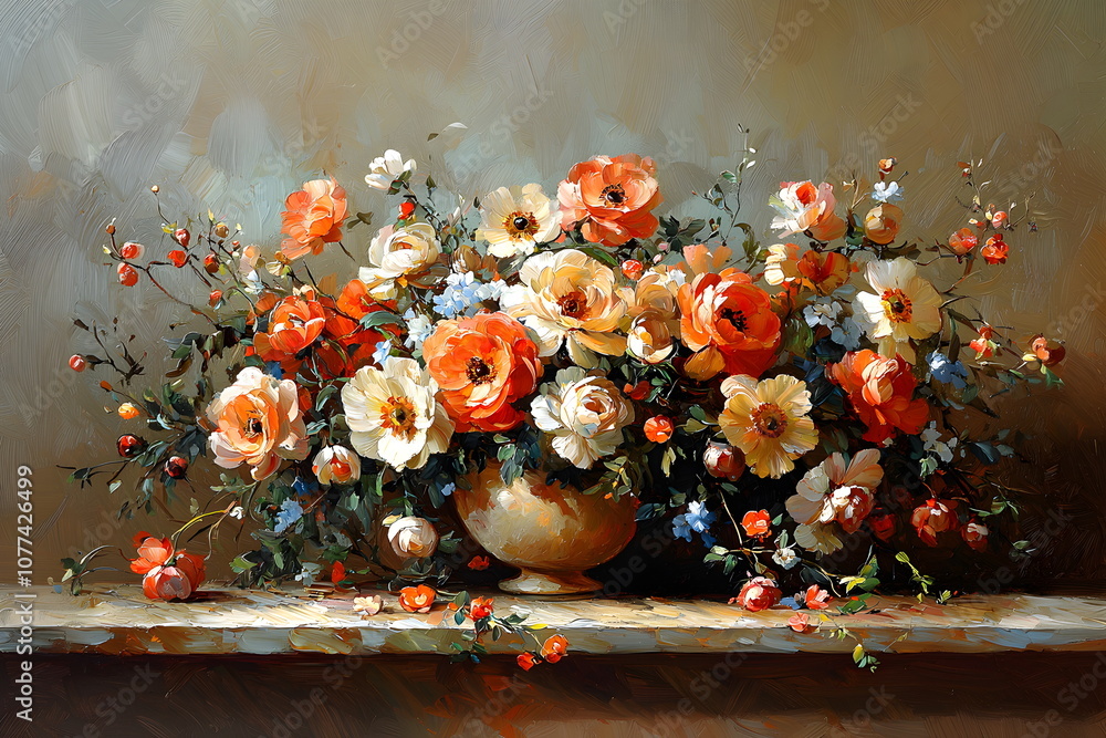 Still life. Bouquet of flowers in a vase. Oil painting by old masters ...