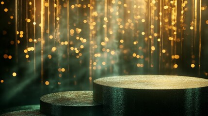 Aufkleber - Golden lights cascade softly down from above, illuminating several dark round platforms gathered together.