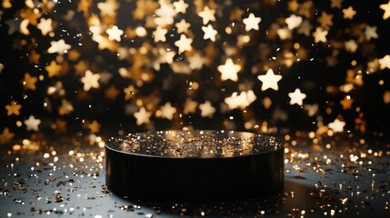 Aufkleber - Golden stars shine brightly above a sleek black pedestal, creating a magical atmosphere during a nighttime celebration. The glimmering effect captivates the viewer, enhancing the festive mood.