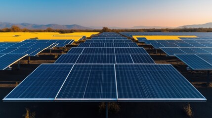 Extensive solar panel array in a large open landscape during sunset with distant mountains and clear skies