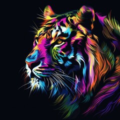  Colorful tiger portrait with neon abstract strokes on black background. Digital art featuring vibrant colors and expressive details. Generative AI

