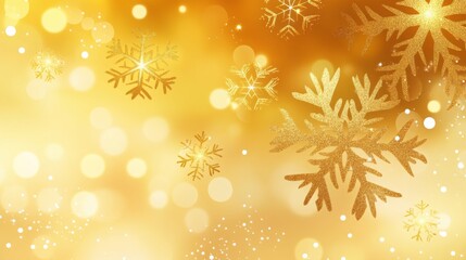 Poster - Golden snowflakes dance gracefully through a shimmering background filled with soft, warm lights, evoking a joyful holiday spirit perfect for seasonal celebrations and festive decor.
