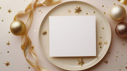 Poster - A white card is placed on a beige plate. Scattered around it are gold stars and a gold ribbon. There are also two gold ornaments on the table.