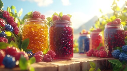 Wall Mural - jars of homemade berry jam with fresh berries in a natural setting.