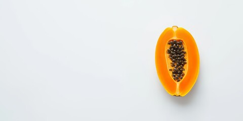 Vibrant orange ripe papaya halved to reveal black seeds, set against a clean white background