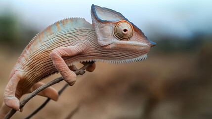 Wall Mural - close-up of a chameleon perched on a branch with intricate skin texture and vibrant colors, set agai