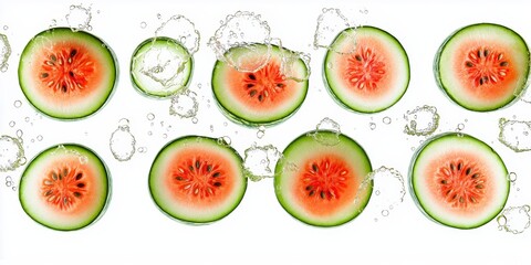 Wall Mural - Vibrant flying melon slices with visible seeds forming a circular pattern on white background