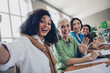 © deagreez - Photo of four diverse women businessladies feminists community take selfie photo wave hand modern office room interior indoors workspace