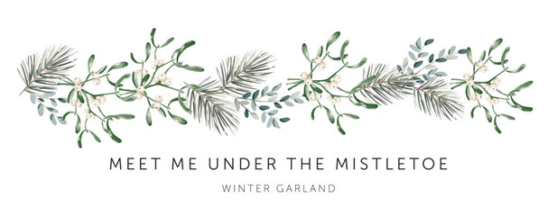 Wall Mural - christmas garland, text, white background. mistletoe, green pine twigs. winter nature design. vector