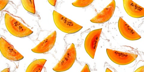 Wall Mural - Layered papaya slices with water splashes for a refreshing tropical vibe on white background