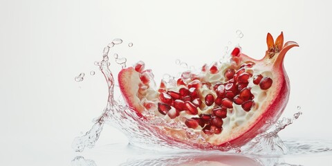 Wall Mural - Juicy pomegranate split open with seeds falling, highlighted by water droplets on white background