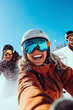 © tynza - A group of friends laughing and skiing together down a slope, capturing the fun and excitement of a day at the ski resort, bright blue sky above.