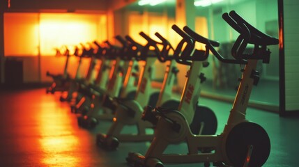 Sticker - Rows of stationary bicycles in a dimly lit room cast intricate shadows, creating a focused, intense atmosphere suitable for fitness enthusiasts.