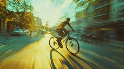 Wall Mural - A cyclist speeds through a sunlit city street, creating a dynamic blur of motion under an evening sky, embodying freedom and urban energy.