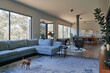 © Rowena Naylor/Stocksy - Spacious living room with modern decor and a small dog