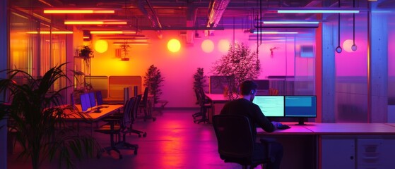 Wall Mural - a solitary worker immersed in his computer screen within a neon-lit office, surrounded by colorful g
