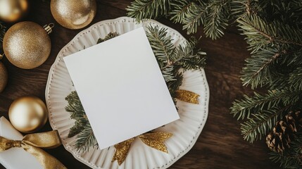 Poster - A white card is lying flat on a white plate with a pine branch. The plate is surrounded by gold ornaments, a pine branch, and a gift-wrapped box. The background is a wooden table.