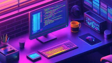 A programmer's desk with a computer, keyboard, mouse, headphones, and a cup of coffee.