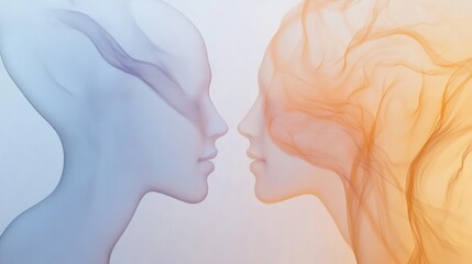 Poster - Two faces blend together in pastel shades, illustrating the connection of empathy and communication through abstract artistry. Generative AI