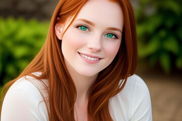 portrait young woman redhead smile looking at camera, park with tree on background