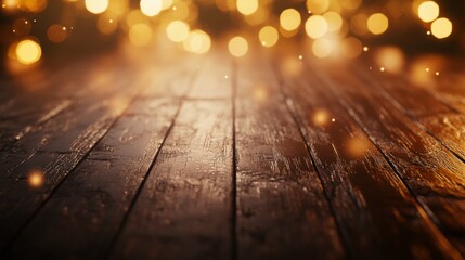 Poster - The image shows a close-up of a dark wooden table with a blurred background of soft, golden lights.