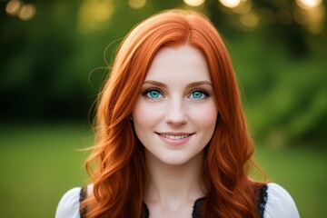 portrait young woman redhead smile looking at camera, park with tree on background