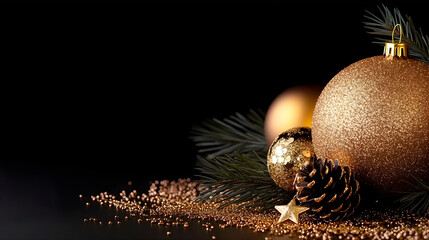 Wall Mural - Elegant black New Year's background with New Year's balls and Christmas tree branches. Illustration of New Year's decorations on a dark background with copy space.