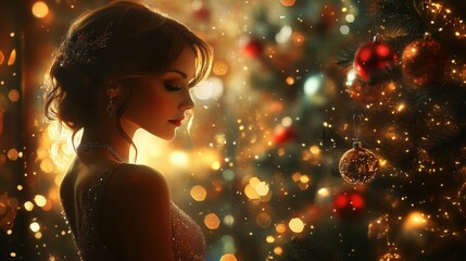 Poster - A woman with her hair styled in a bun stands near a Christmas tree, gazing towards the sparkling lights.