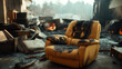 © primopiano - Burnt armchair amidst charred debris and ashes in aftermath of a building fire, with visible flames in the background