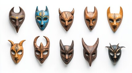 Collection of Artistic Wooden Masks Isolated on White Background for Decorative Use in Home Decor, Events, and Cultural Displays Featuring Unique Designs
